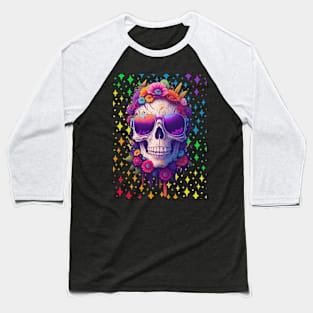 Dead Skull Rainbow Flower Baseball T-Shirt